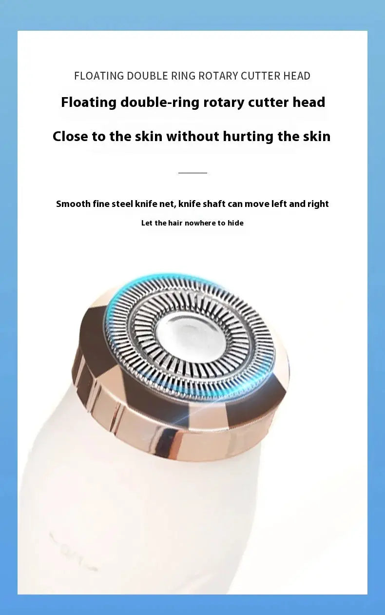 Simples Market electric women's trimmer with rotary cutter head; gold-tone ring and blue glow.