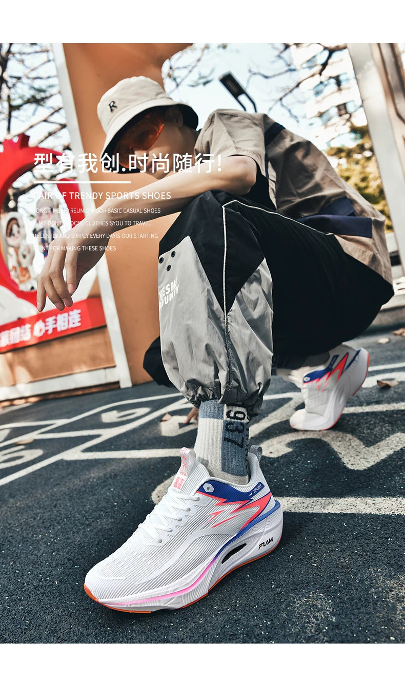Men's breathable white mesh running shoes with blue and pink accents by Simples Market