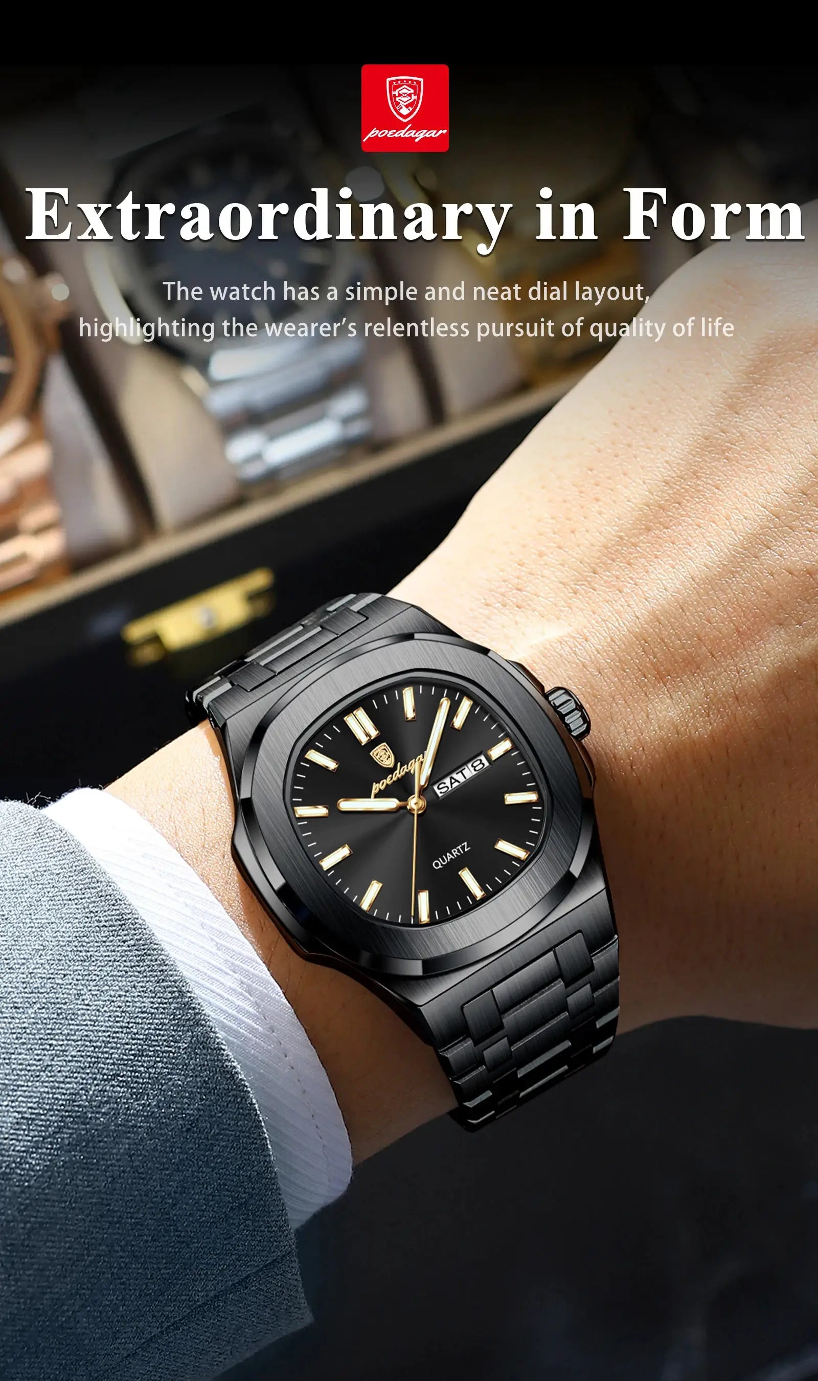 POEDAGAR square men’s watch on wrist; black dial, gold-tone markers, stainless steel bracelet