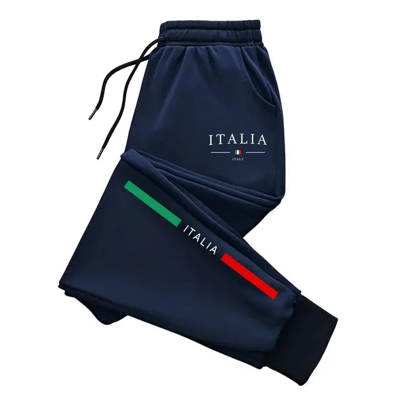 Simples Market navy Italy-print sweatpants with drawstring waist, casual joggers.