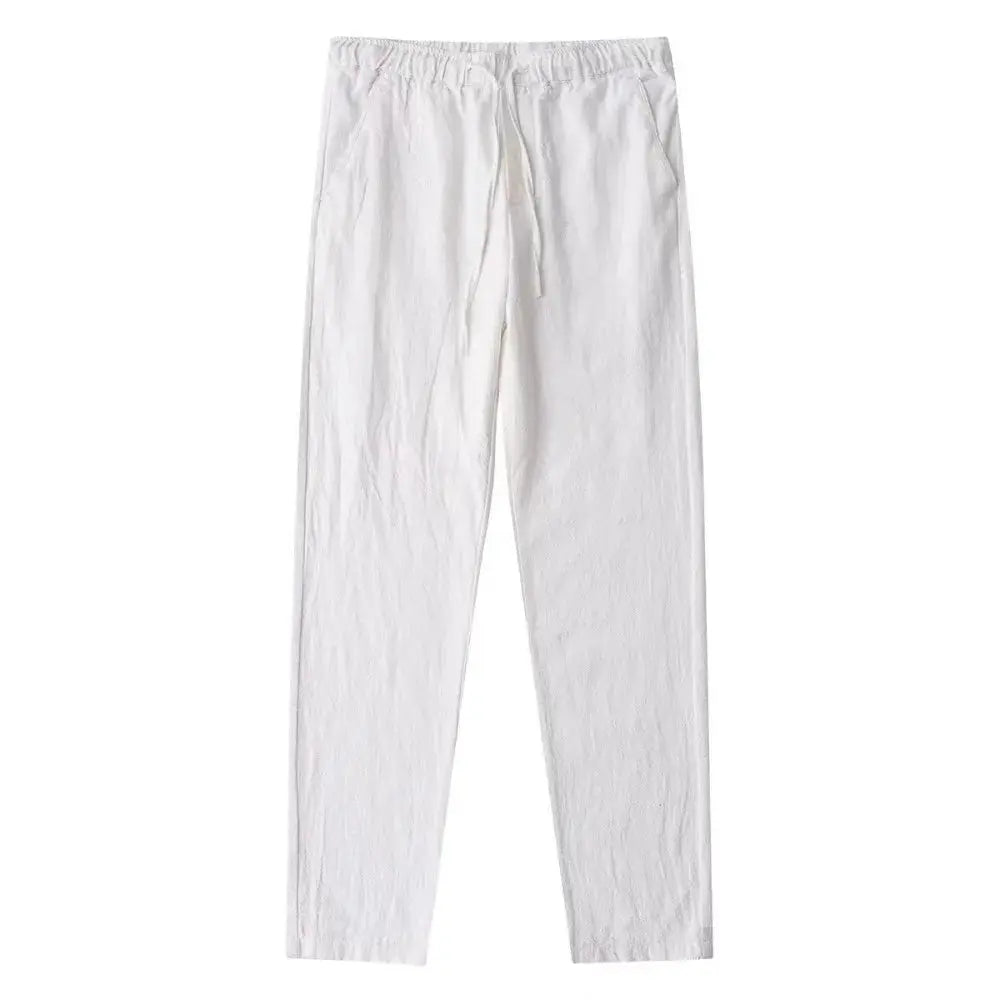 Men's Cotton Linen Pants Breathable Autumn Solid Color Linen Trousers With Elastic Waist And Straight Leg With Pockets