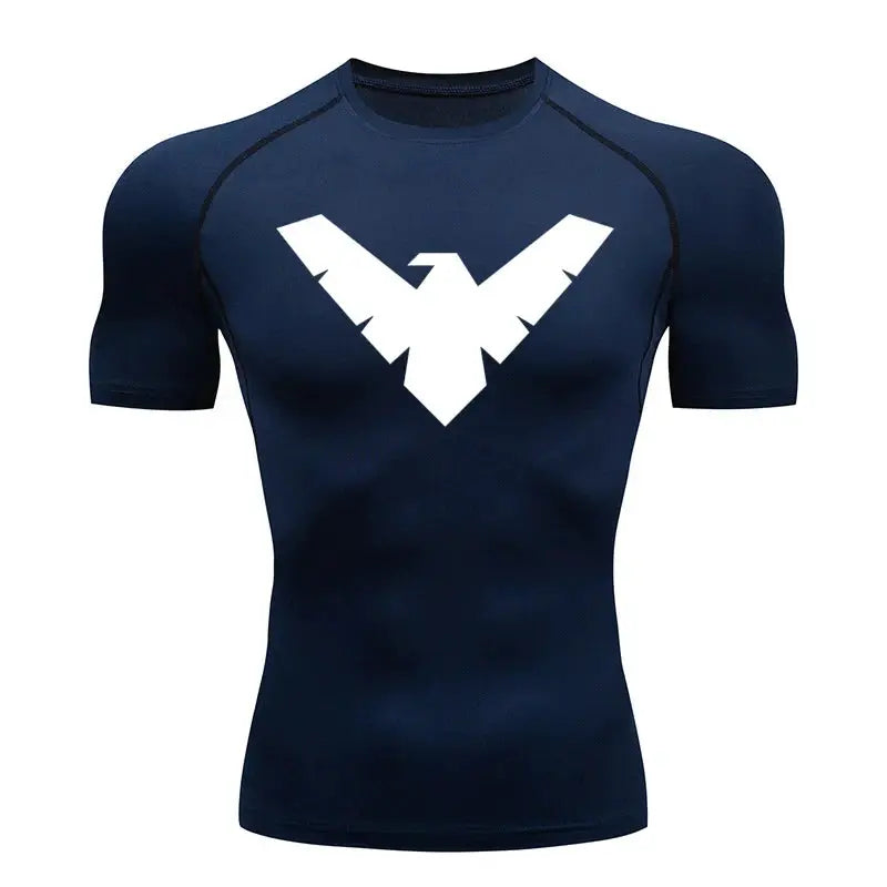 Summer short-sleeve compression shirt by Simples Market, navy blue with white chest logo, quick-dry gym top