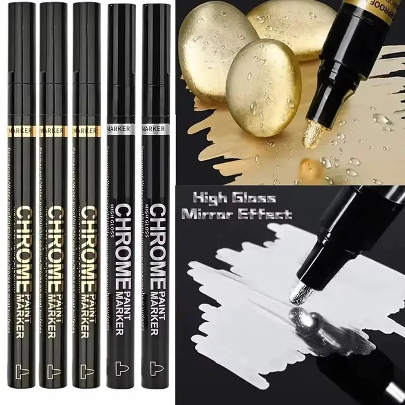 Simples Market chrome paint markers set, 2mm nib, metallic gold and silver, waterproof on rock, ceramic and glass