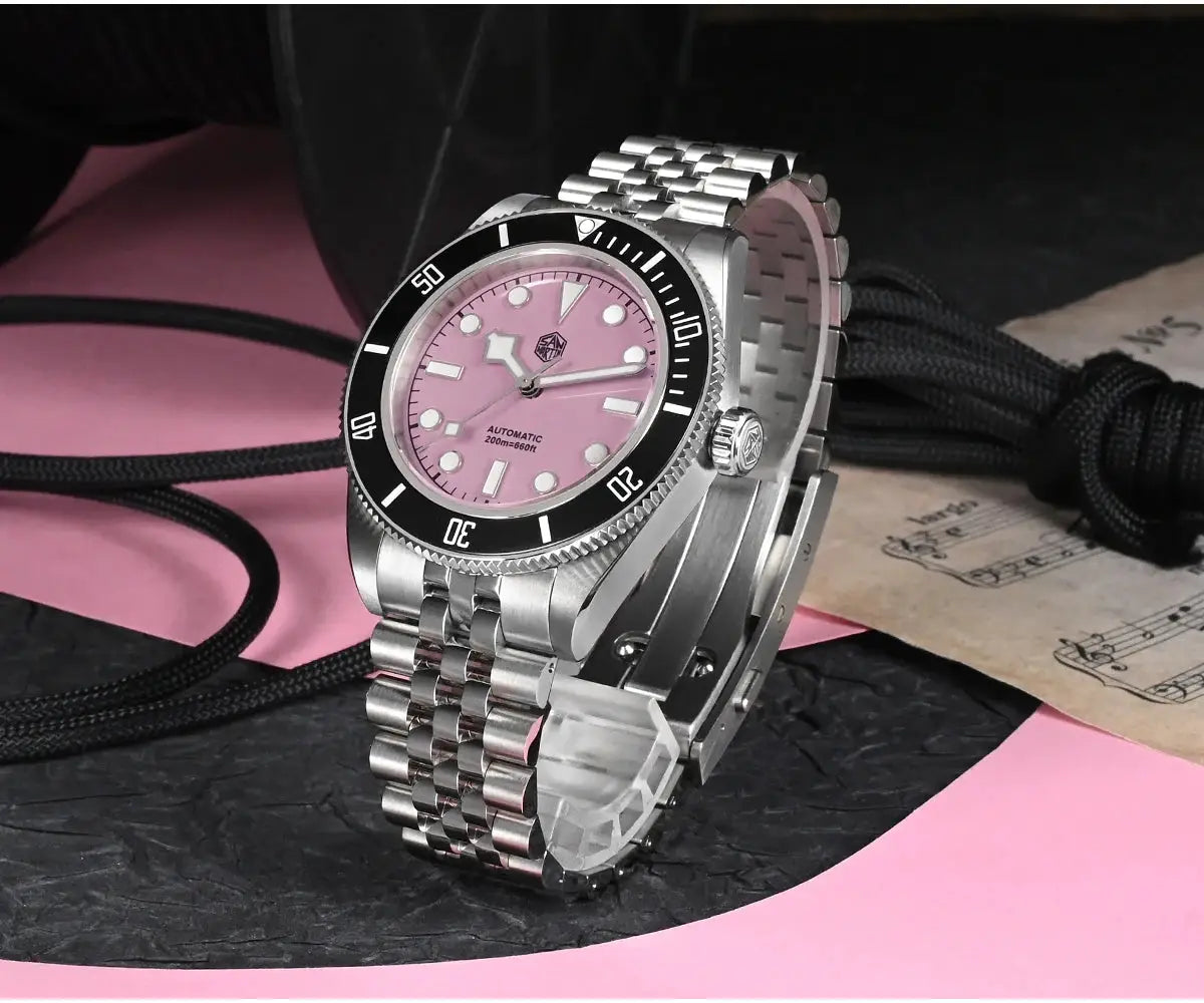 San Martin 40mm BB diver watch with pink dial, stainless steel bracelet, automatic movement