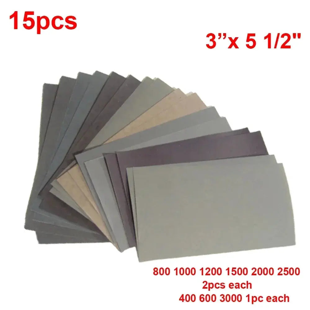 15 Piece Sandpaper Set 400 600 800 1000 1200 1500 2000 2500 3000 Grit For Wet And Dry Sanding Silicon Carbide