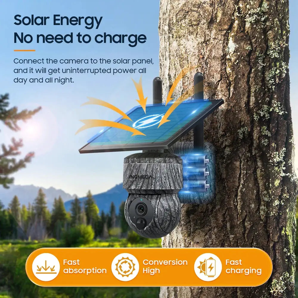 INQMEGA solar PTZ camera mounted on a tree with solar panel, wireless CCTV 5MP/4MP