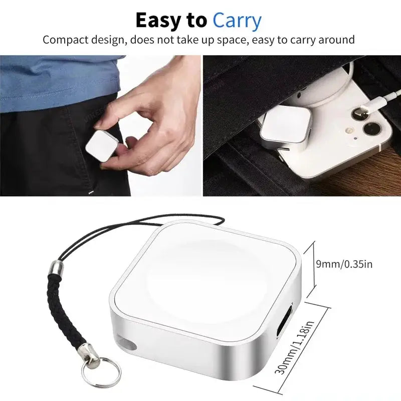 Simples Market portable wireless Apple Watch charger, white square with Type-C 8-pin interface and wrist strap