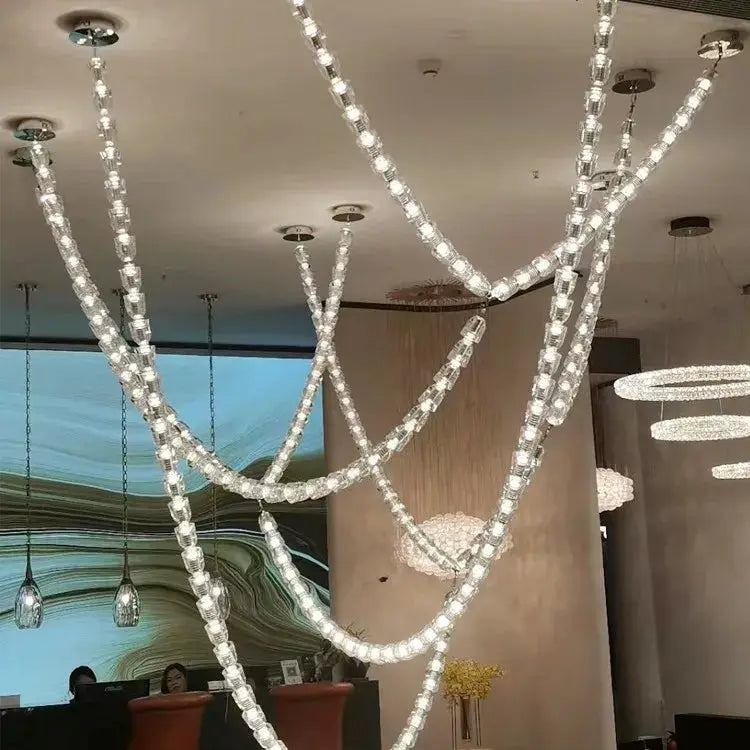 Necklace chandelier ceiling light with multi-strand crystal acrylic beads, adjustable length.