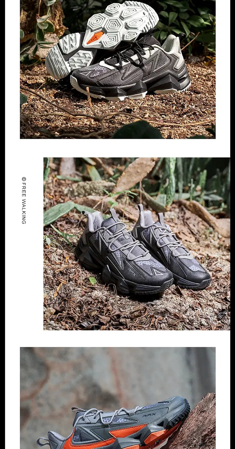 Rax men waterproof hiking shoes; three pairs in black and gray with orange accents for rugged outdoor trekking