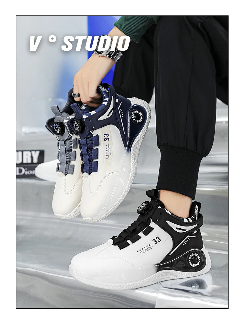 Two mens sneakers with rotating buckle, white/navy and white/black colorways, non-slip lace-up by Simples Market