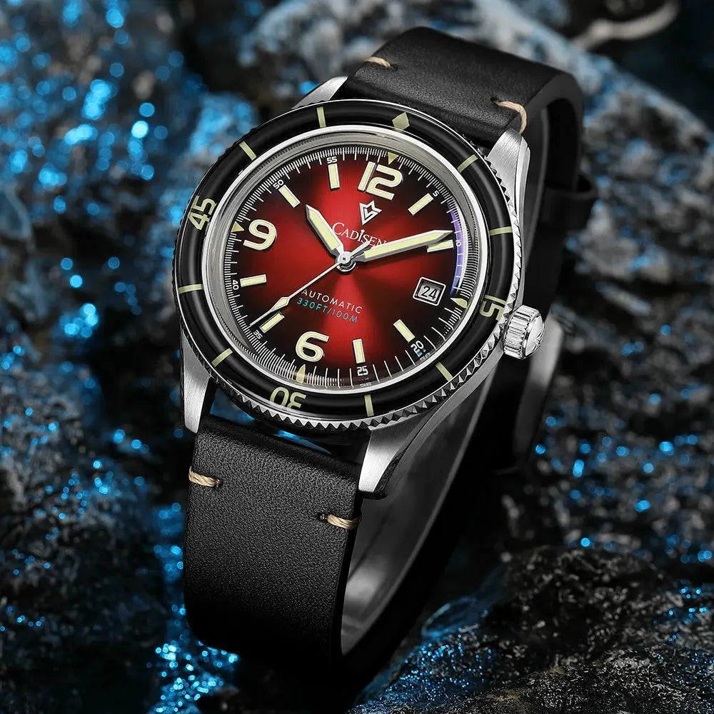 CADISEN 2026 men's automatic watch with red gradient dial, black bezel and leather strap