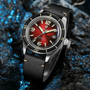 CADISEN 2026 men's automatic watch with red gradient dial, black bezel and leather strap