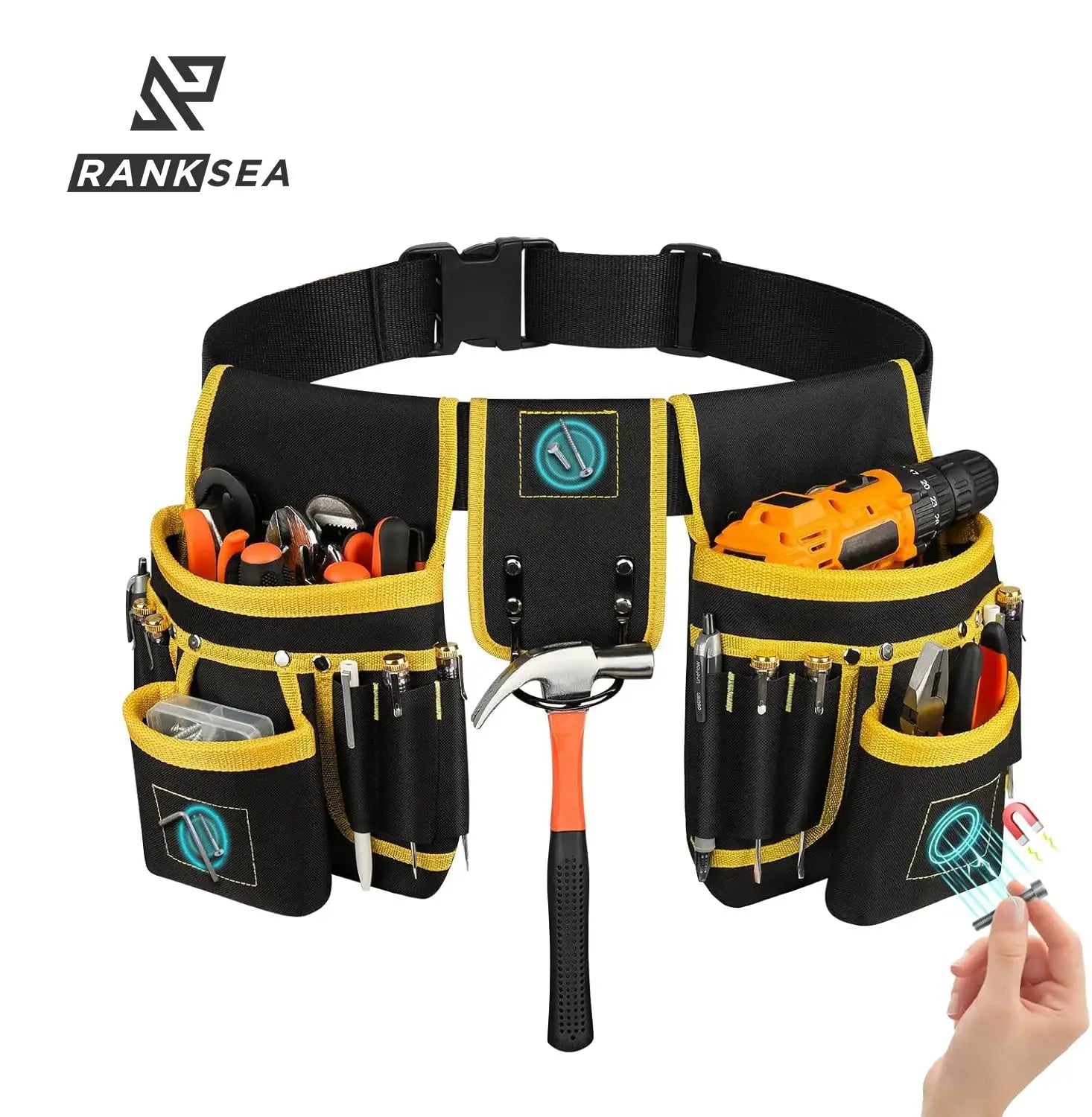 Tool belt bag with yellow-trim pockets, detachable pouches, and adjustable waist belt RankSea