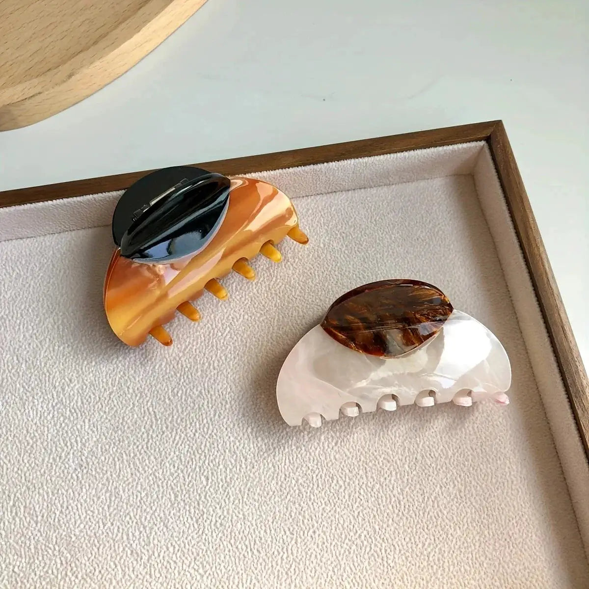 ChicWood Vintage French Hair Clip Two Tone Wood Grain and Marbled Design for All Day Hold