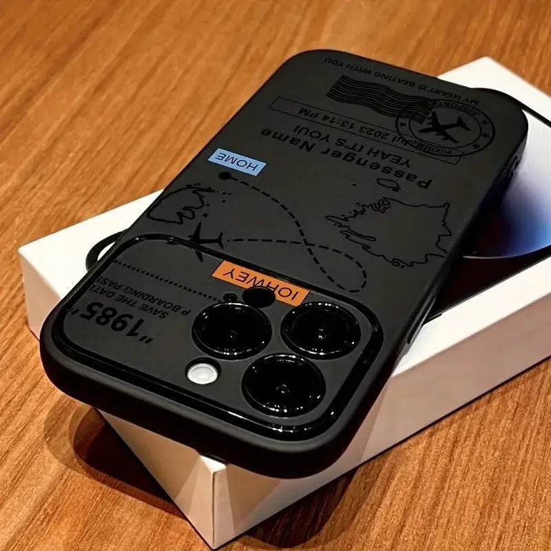 Phone case with world map airplane routes pattern, black, triple camera cutouts, by Simples Market for iPhone