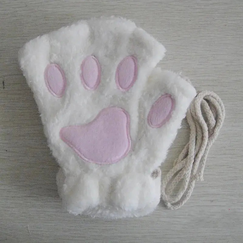 Cartoon Cute Cat Claw Paw Gloves Women Plush Mittens Warm Soft Short Fingerless Fluffy Bear Cat Gloves Costume