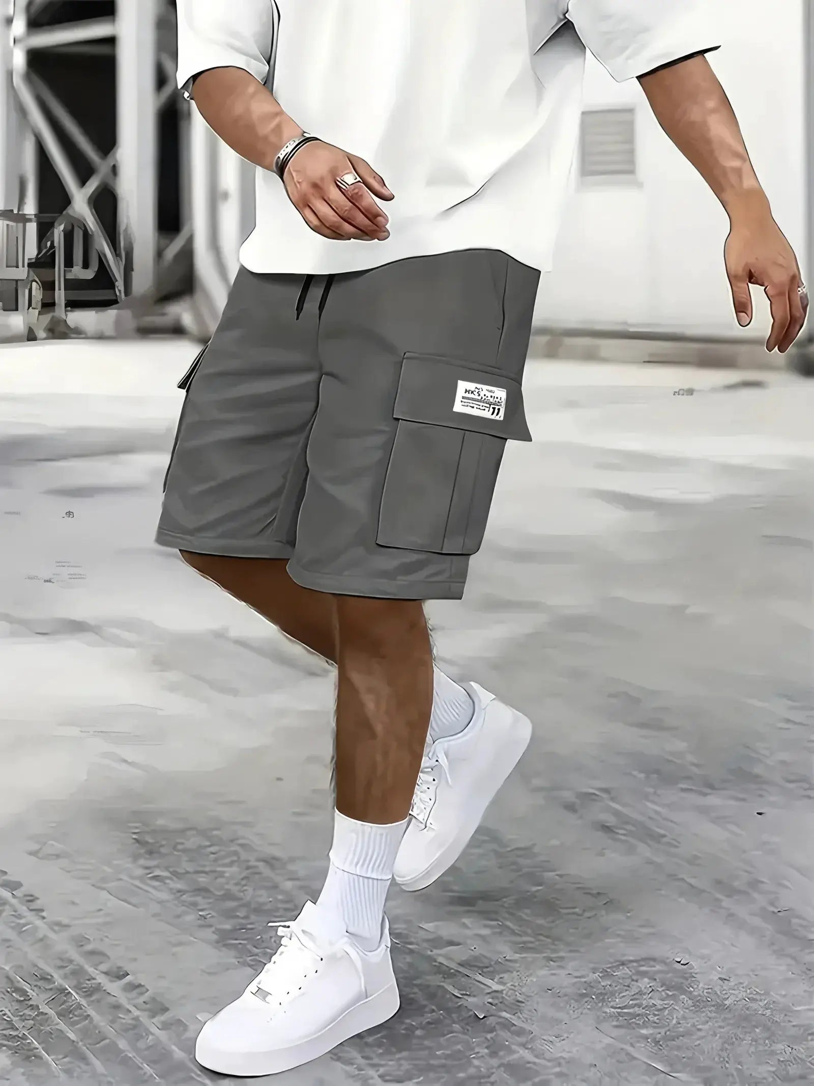 Simples Market Men's Work Shorts, grey cargo shorts with multiple pockets and elastic waistband
