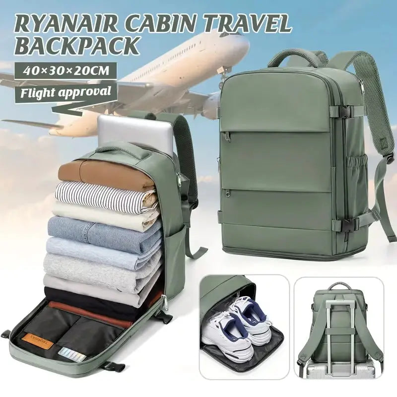 Ryanair cabin travel backpack olive green waterproof carry-on with laptop sleeve (40x30x20 cm).