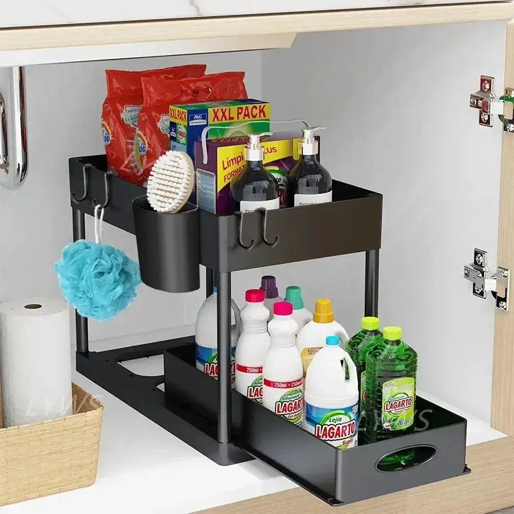 Multifunctional 2-tier under-sink sliding storage rack with hooks, black metal by Simples Market
