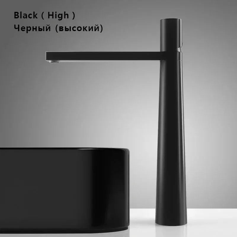 Modern basin faucet, black high-arc with single handle beside a black sink.