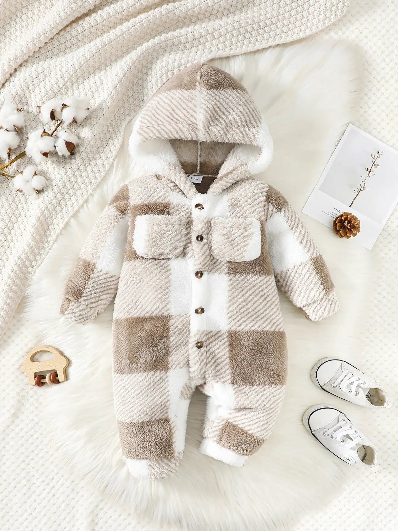 Unisex Plaid Plush Romper With Hooded Long Sleeves Jumpsuit For Winter Warmth 3 To 24 Months