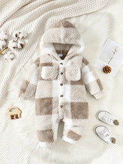 Unisex Plaid Plush Romper With Hooded Long Sleeves Jumpsuit For Winter Warmth 3 To 24 Months