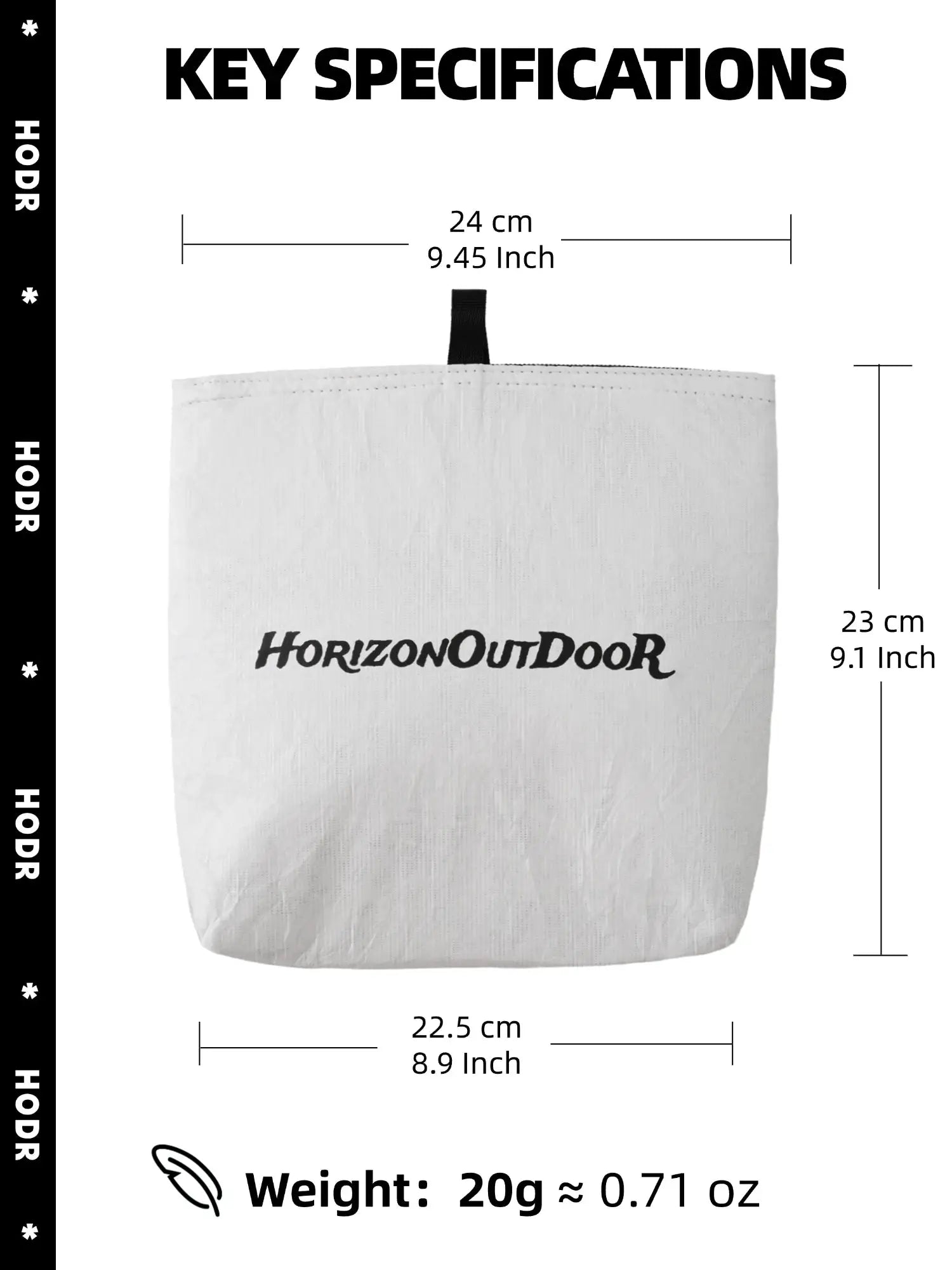 HorizonOutdoor Tyvek insulated food pouch with black hanger loop; ultralight, tear-resistant, 24 cm wide