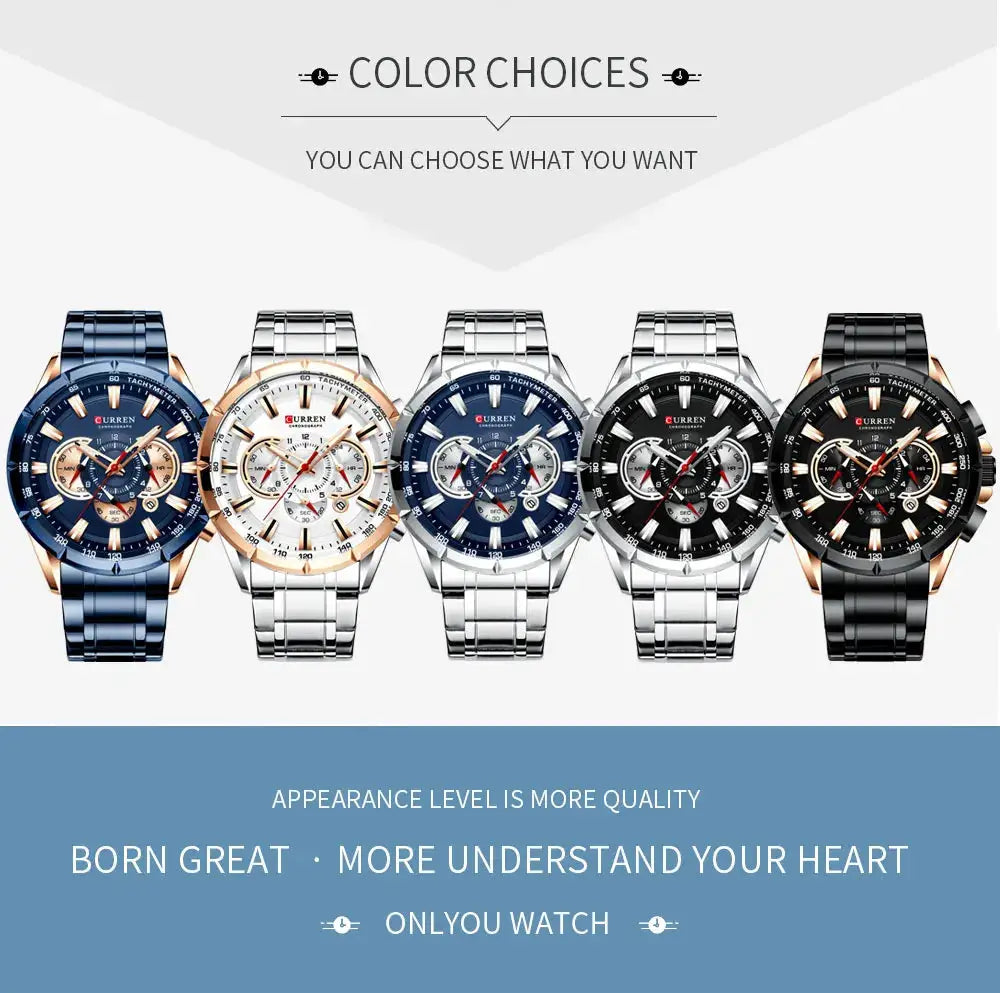 CURREN 8363 chronograph men's watch with stainless steel band; six color options