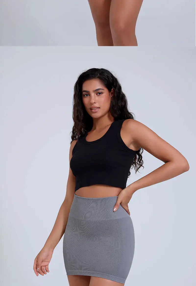 High-waist knitted mini skirt, grey ribbed knit for office wear
