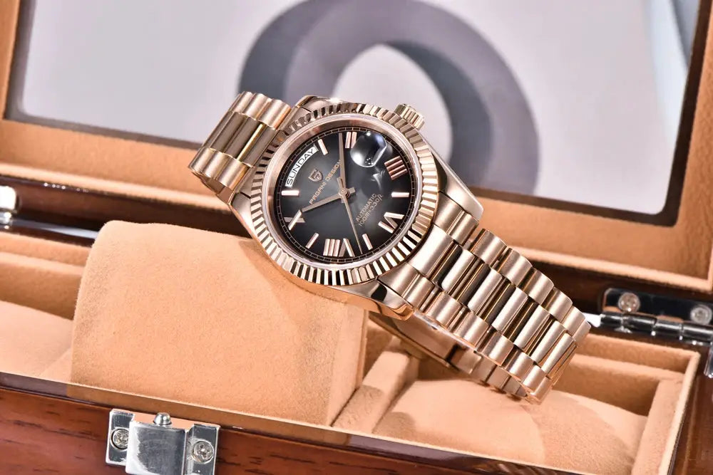 Pagani Design DD36 gold-tone men's automatic watch with AR sapphire glass in a display box