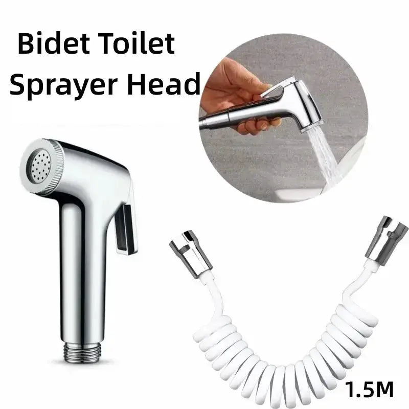 Simples Market chrome handheld bidet sprayer head with white coiled hose, 1.5m flexible bathroom accessory