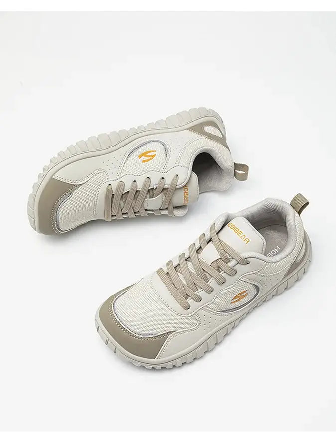 HOBIBEAR unisex wide-toe sneakers, beige breathable mesh, lace-up pair with rugged outsole, Simples Market.