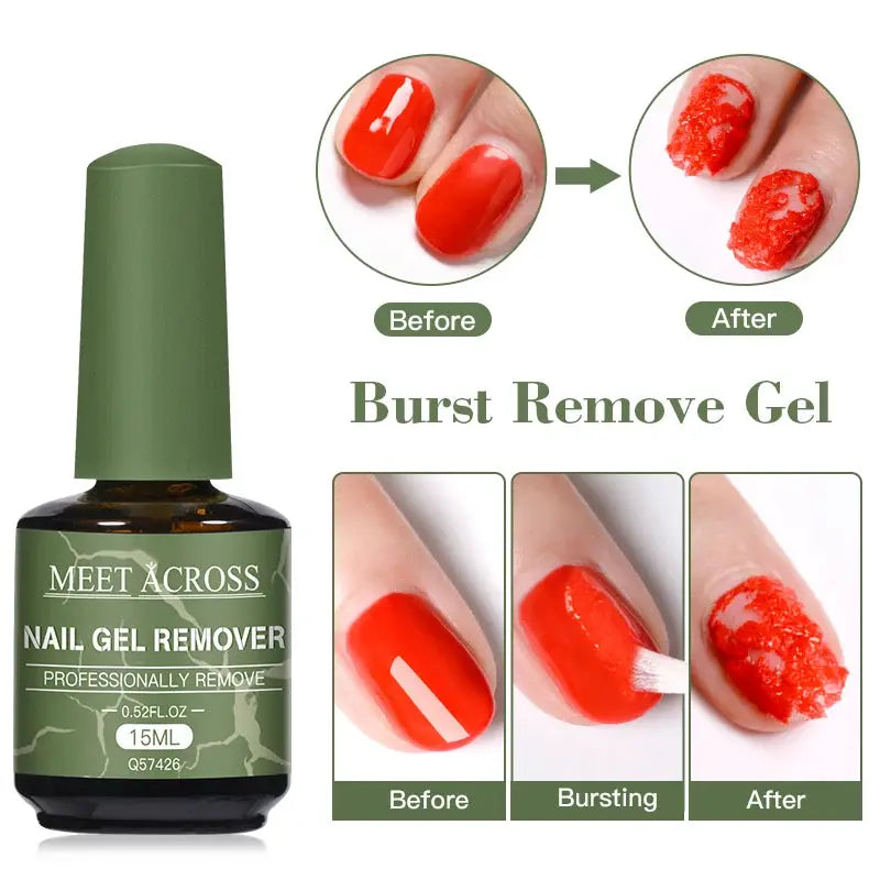 Meet Across 15ml nail gel remover by Simples Market in a green bottle with before/after nail swatches