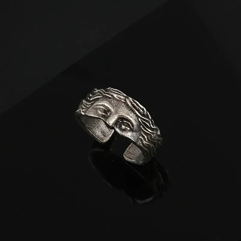 Venus Mask Ring For Men Retro Thai Silver Relief Adjustable Opening Ring Gift Vintage Style Accessory