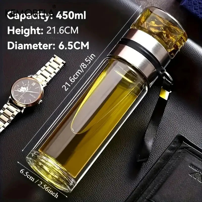 KEMORELA Leakproof Glass Tea Infuser Bottle With Double Wall Insulation And Water Separation Compartment 350ml 450ml 500ml