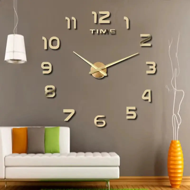 Large wall clock with 3D beige numerals and gold hands for living room decor