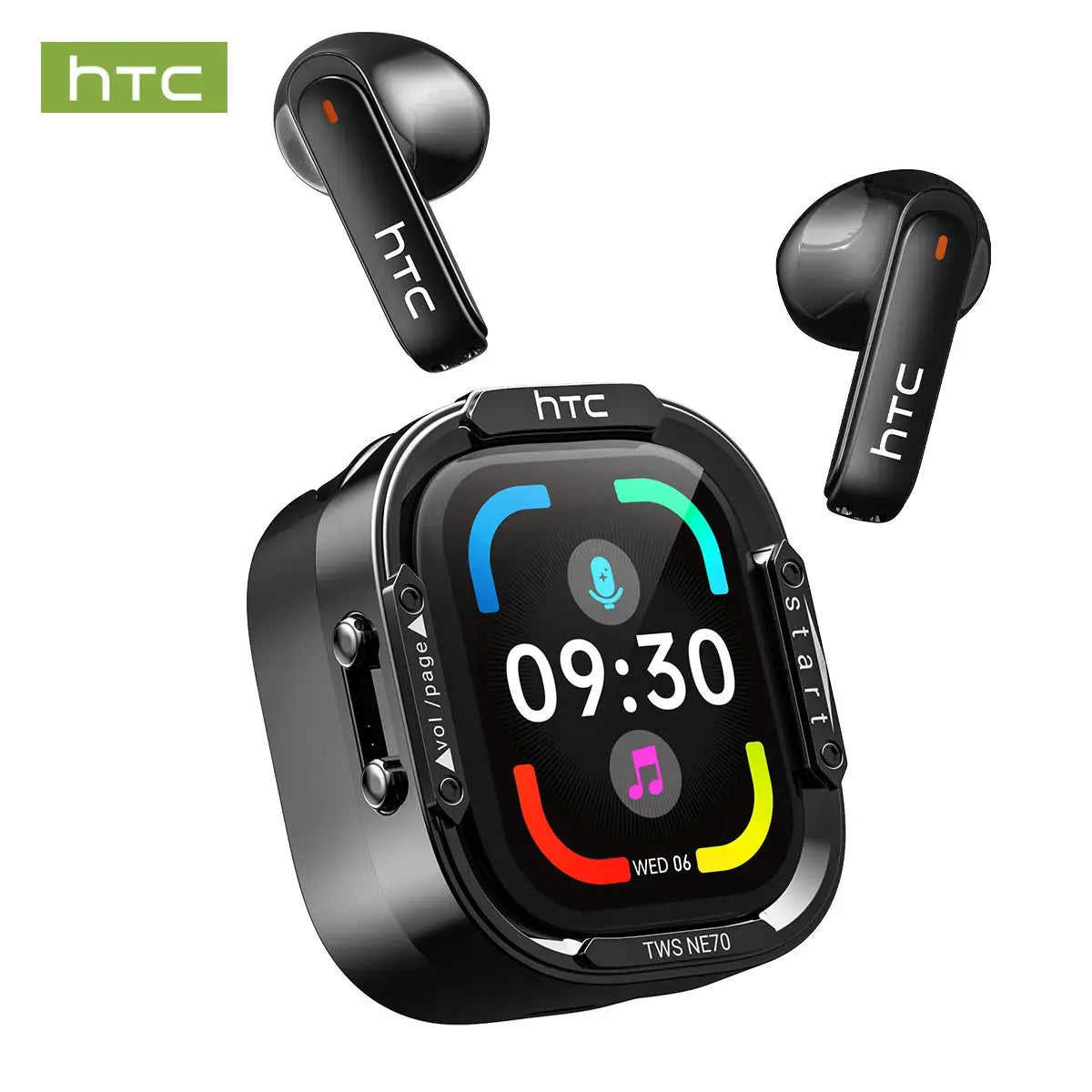 HTC NE70 wireless earbuds and black smartwatch with full-color LCD display; two earbuds shown