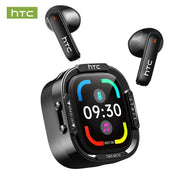 HTC NE70 wireless earbuds and black smartwatch with full-color LCD display; two earbuds shown