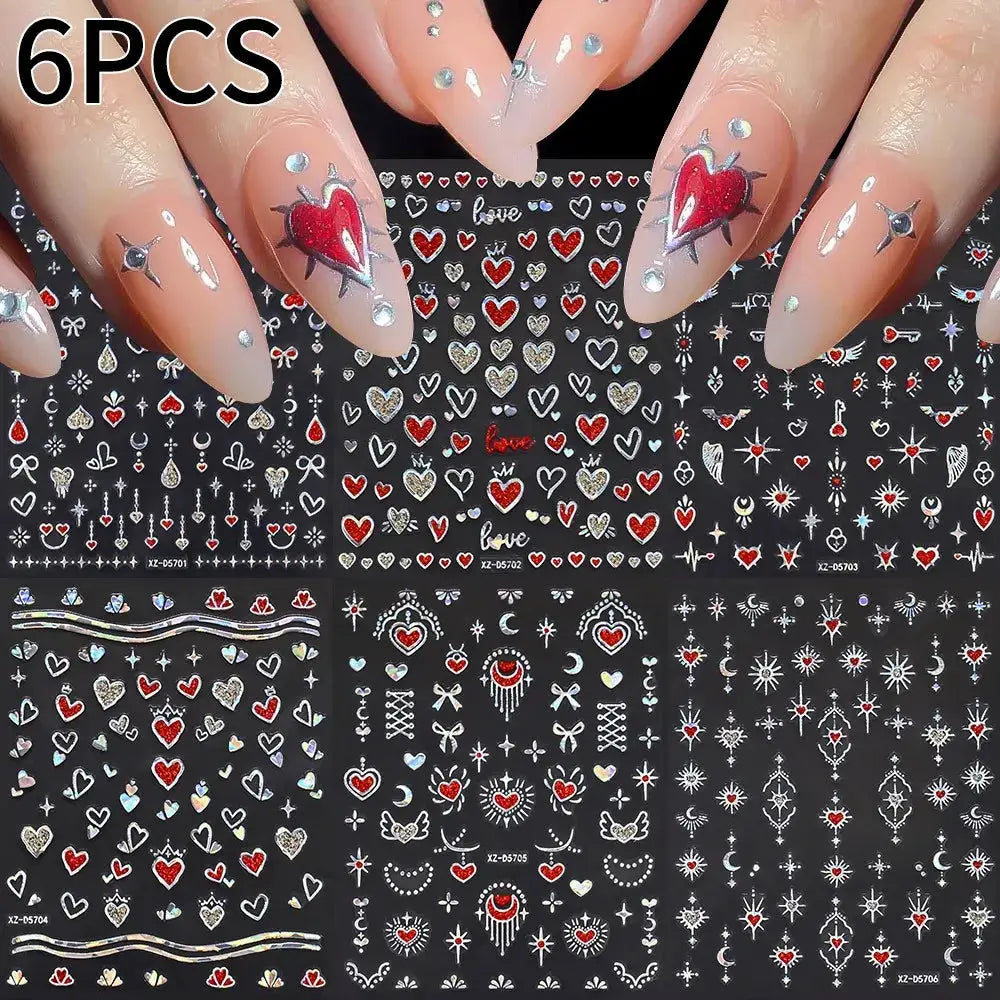 6pcs 3D heart nail sticker sheets in red, pink, silver for Valentine’s manicure self-adhesive decals