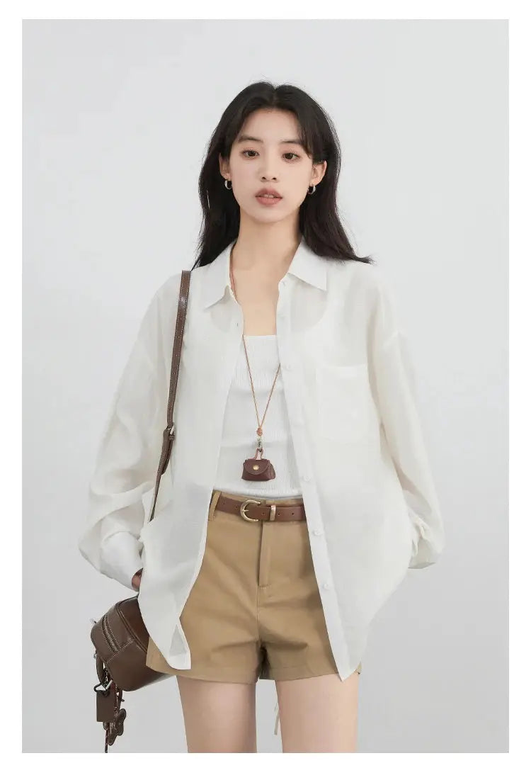 CHIC VEN women's white long sleeve shirt, loose casual style paired with beige shorts and brown crossbody bag.