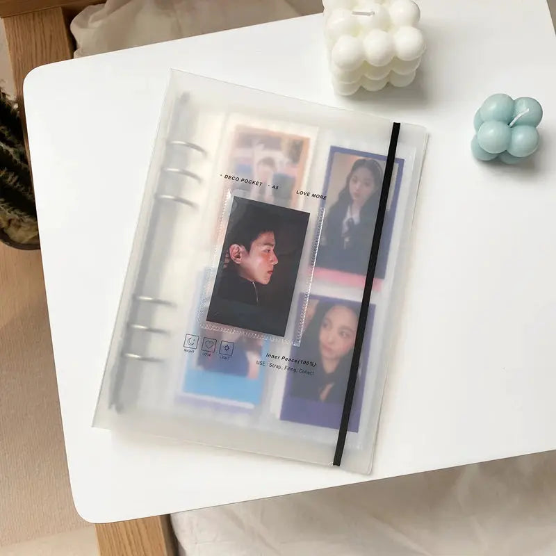 Yoofun A5 binder with transparent card-pocket pages, black elastic closure, Simples Market Korean idol photo organizer