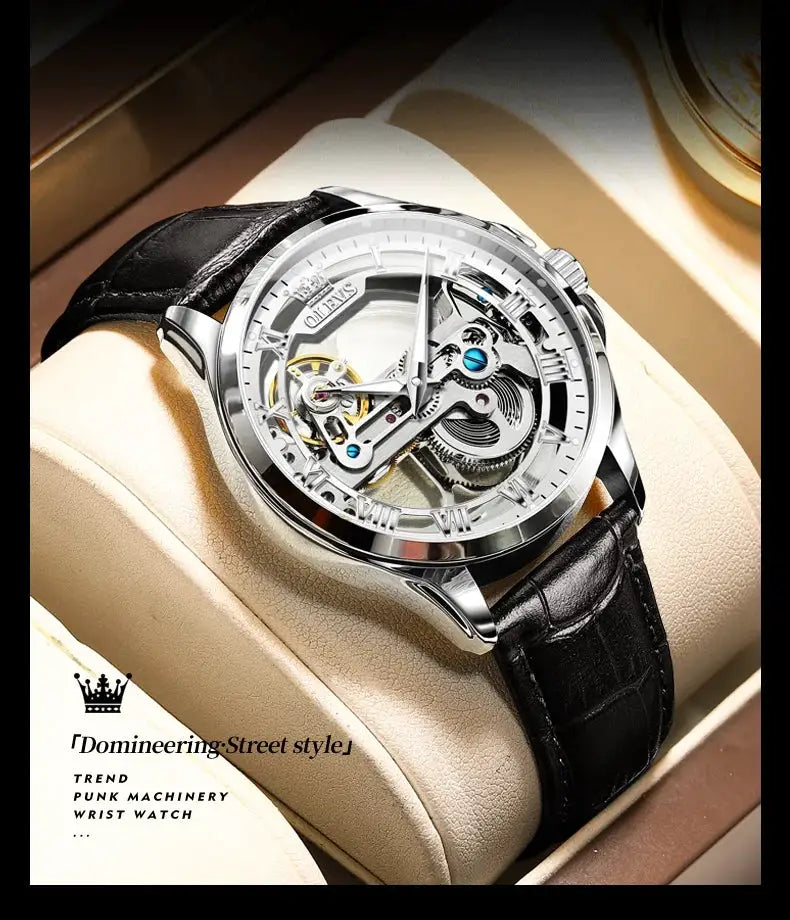 OLEVS 6661 skeleton automatic wristwatch with black leather strap