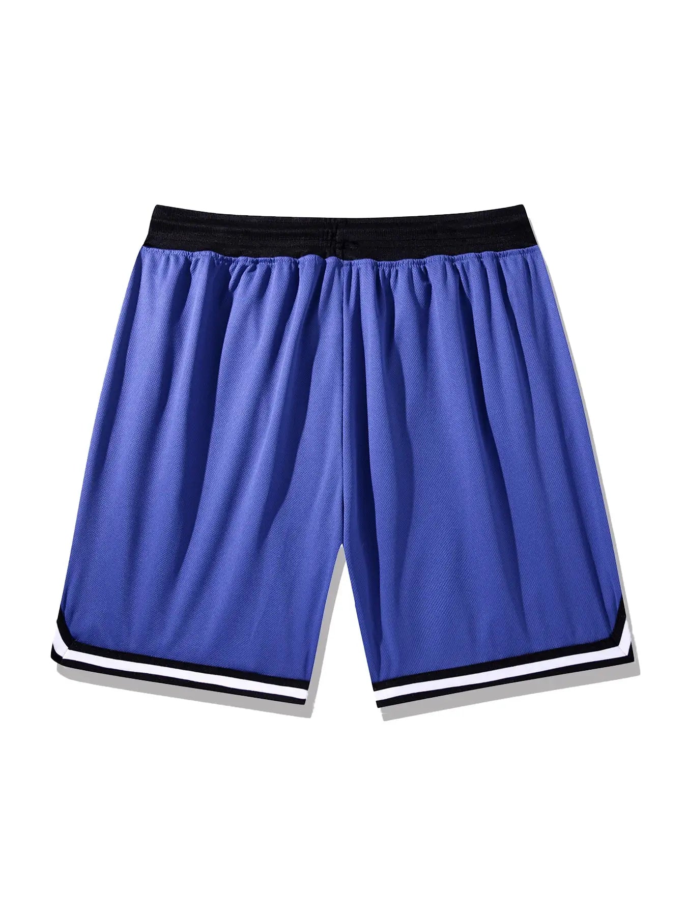 Men's blue basketball shorts with black elastic waistband and white trim, loose fit, quick-drying fabric