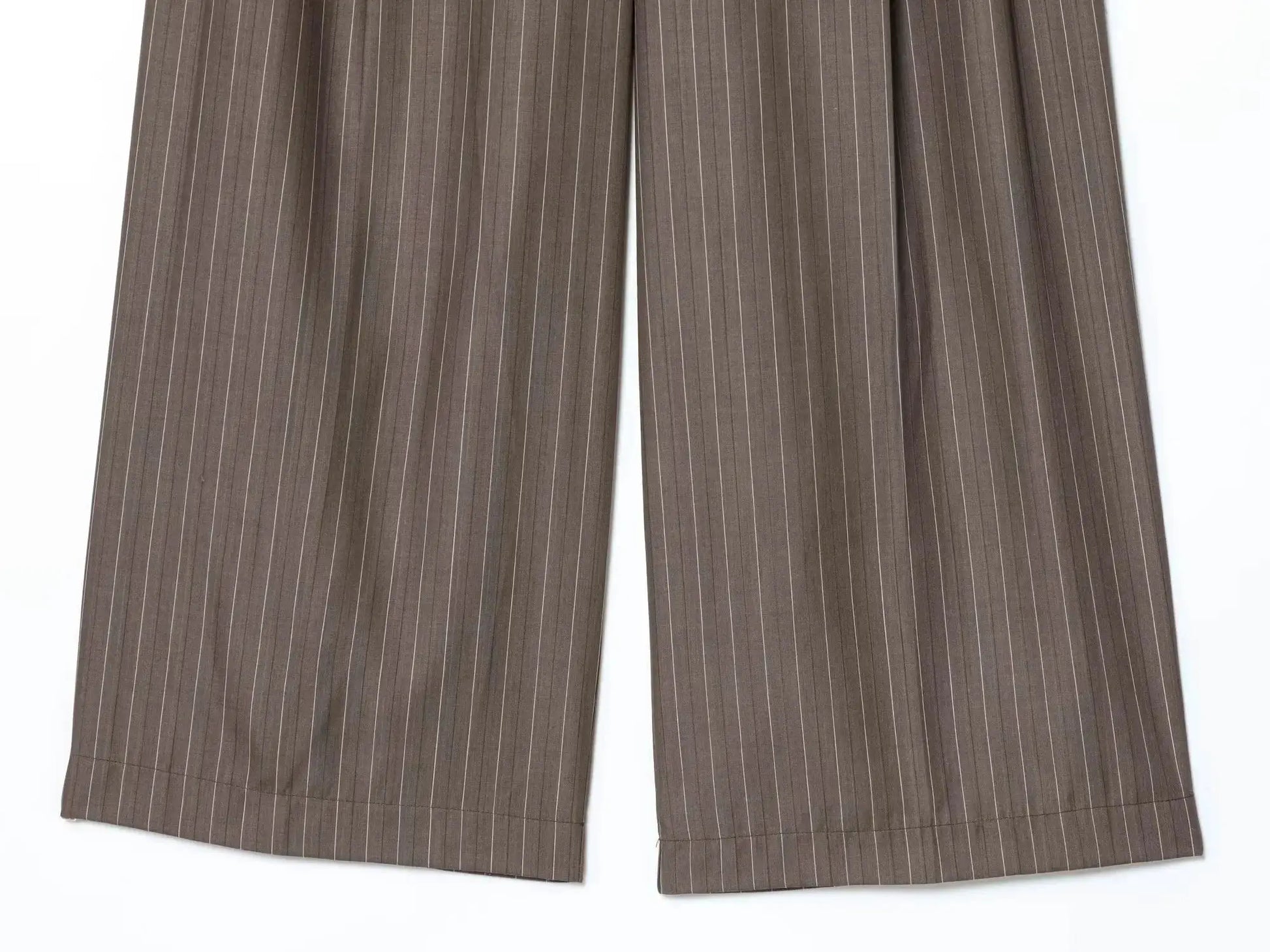 Office pants with brown pinstripe, wide-leg style for a polished corporate look.