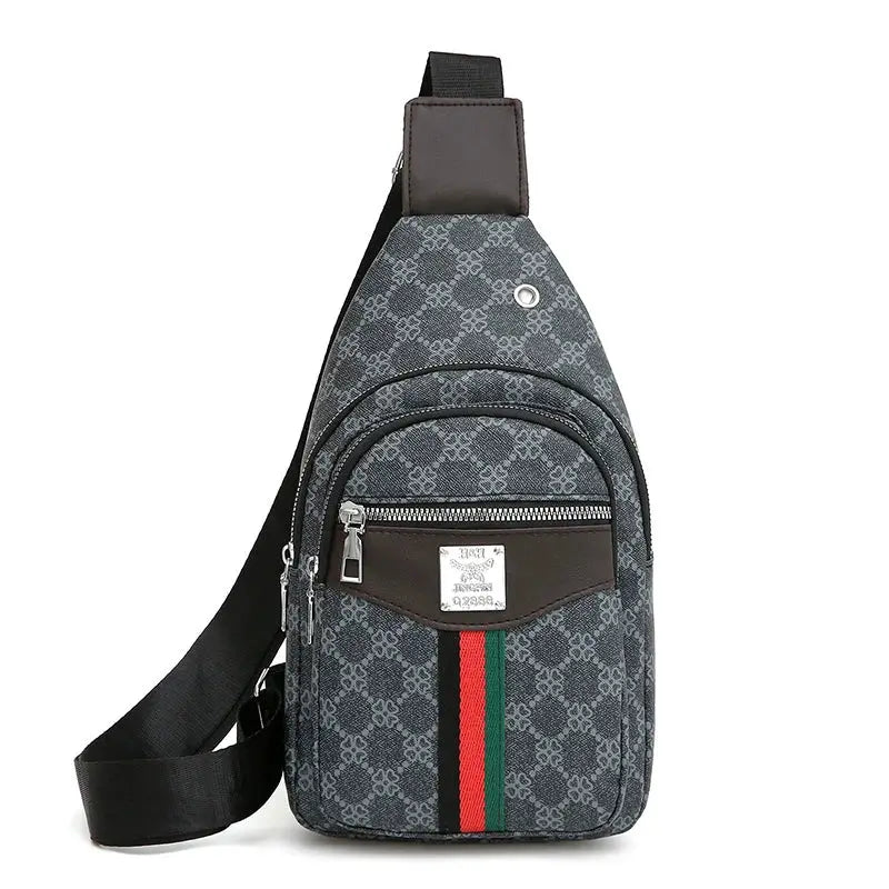 Simples Market men's crossbody messenger bag in grey patterned fabric with brown trim and black adjustable strap.