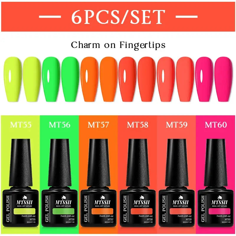 Gel nail polish set, MTSS 6-piece neon colors for manicure