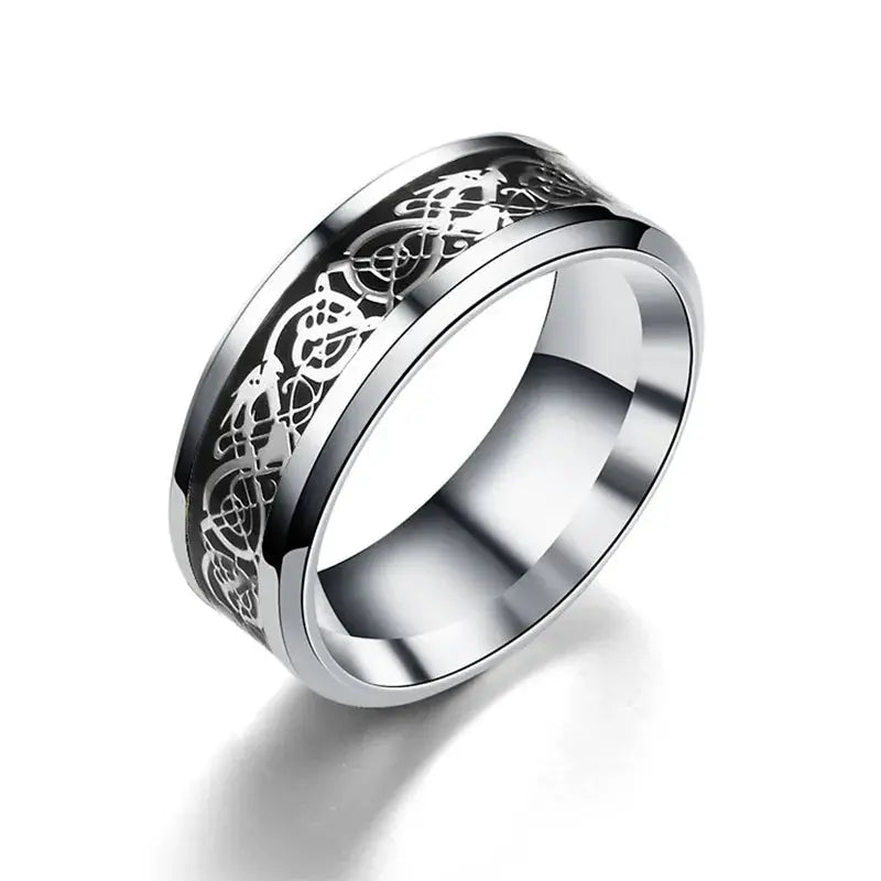 8mm black stainless steel Celtic dragon ring with silver-tone edges, unisex fashion jewelry
