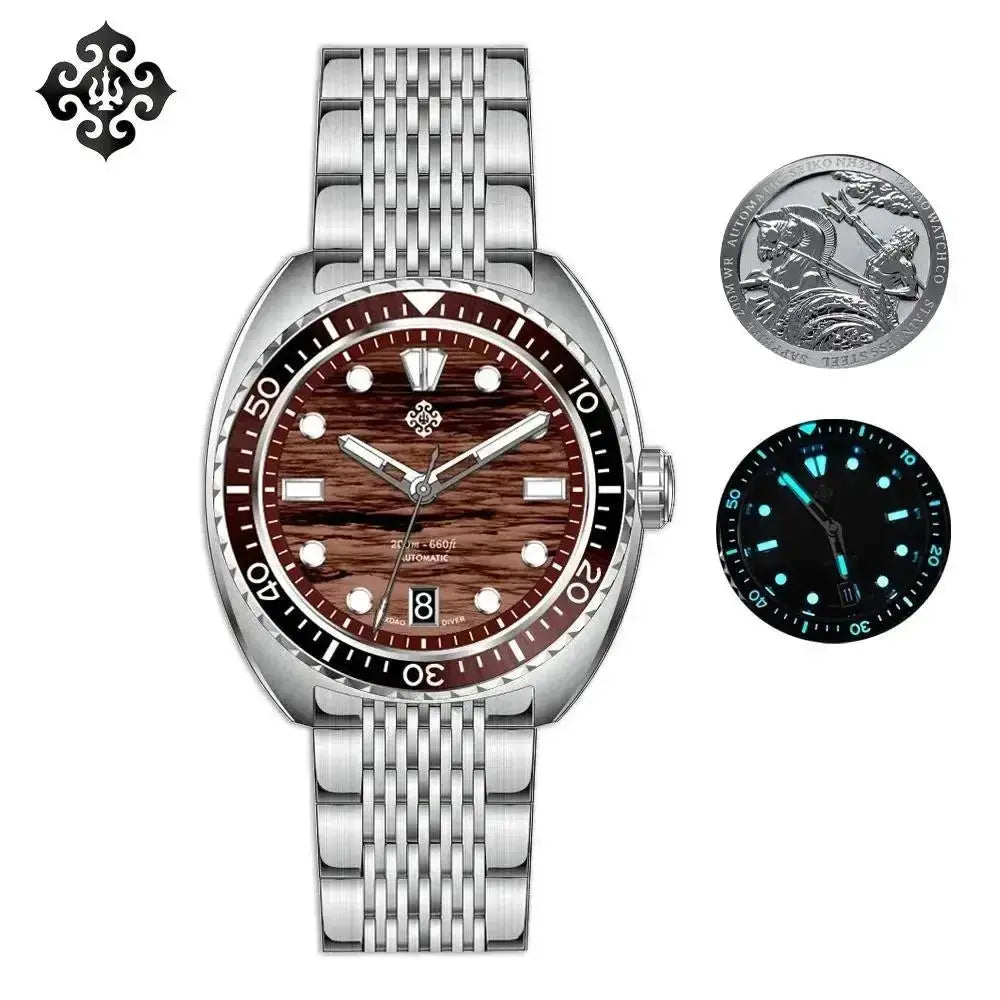 IXDAO IPOSE 2026 men's automatic dive watch with stainless steel bracelet and black bezel; includes coin and glow dial