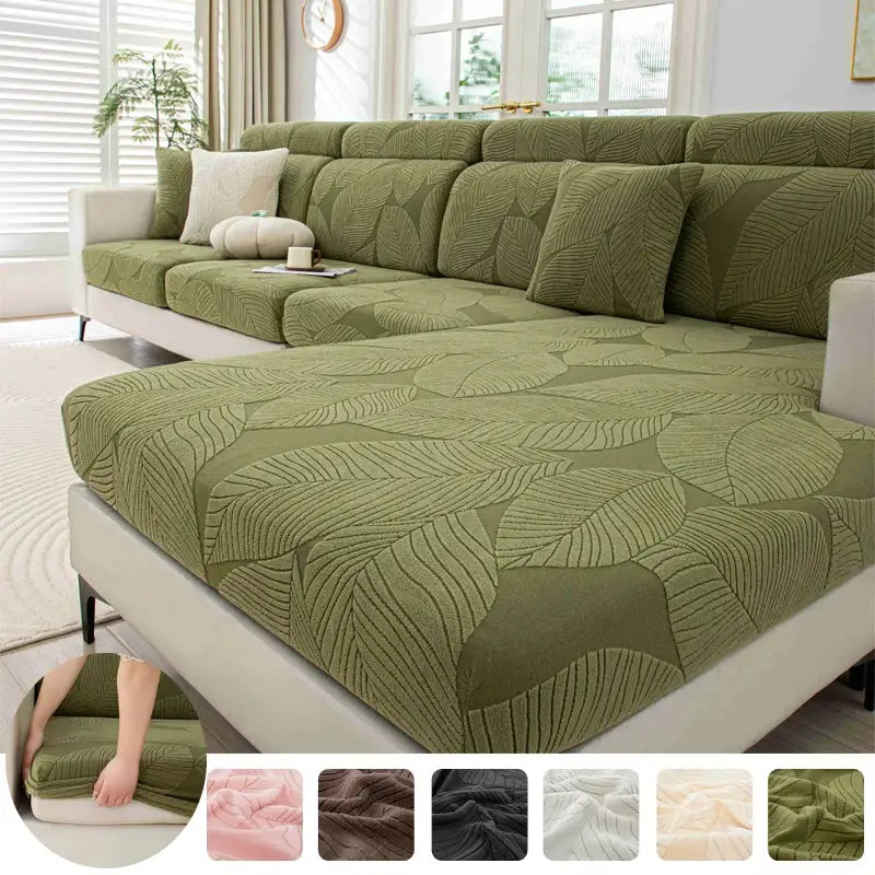 Sofa cover by Simples Market; thick plush olive green leaf pattern with elastic edges, removable pet protector.