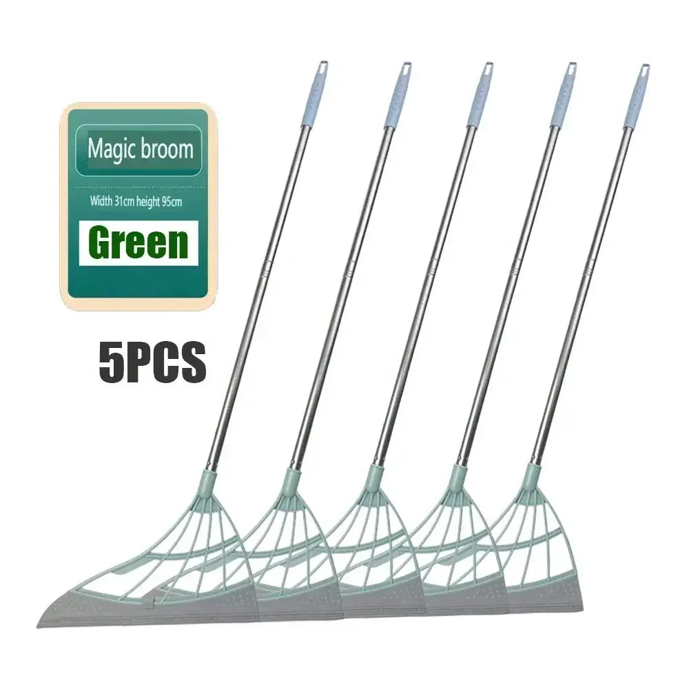 5-piece green silicone window cleaning squeegee set with long stainless steel handles